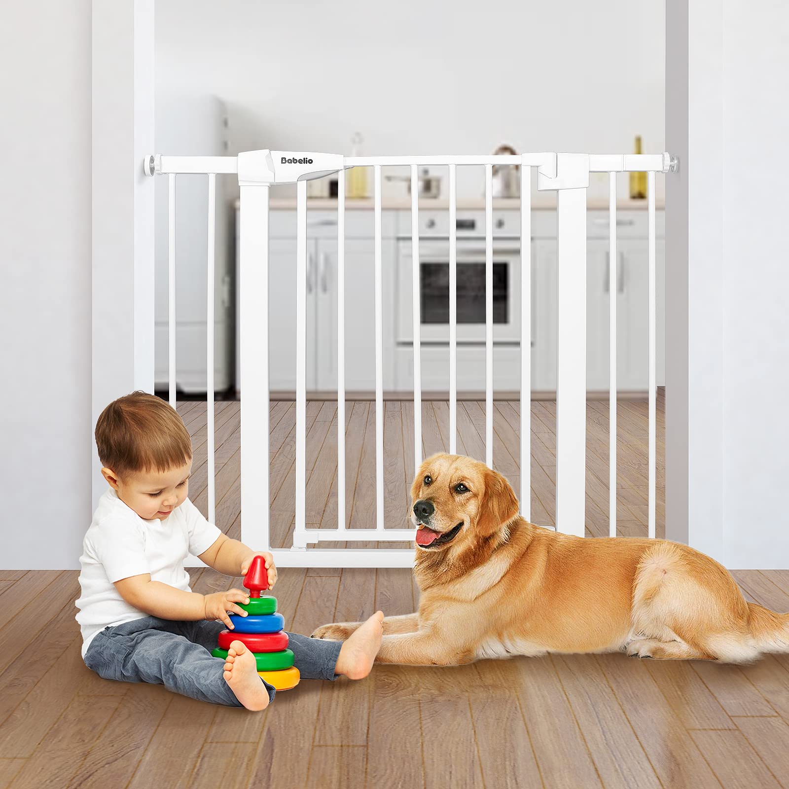 BABELIO 29-55 Inch Extra Wide Metal Baby Gate and 26-40 Inch Easy Install Baby Gate, Dog Gate Pet Gate for Stairs & Doorways,No Tools Required (White) - Image 5