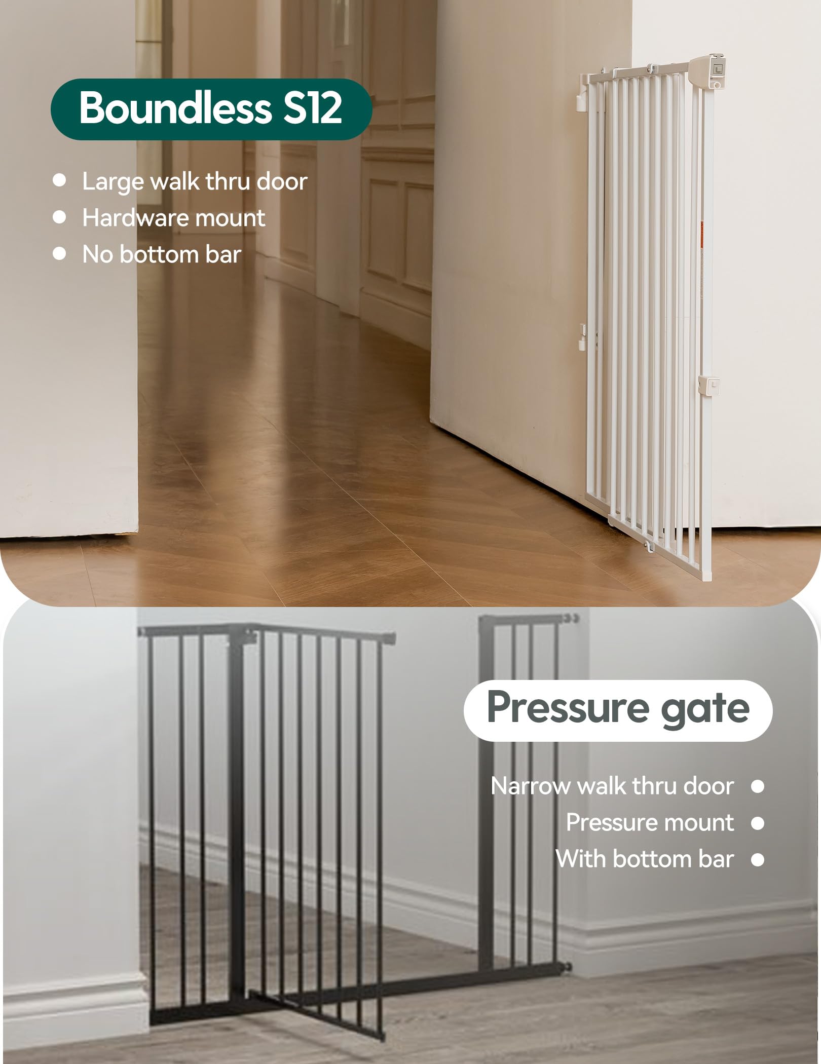 Babelio No Bottom Bar Baby/Dog/Pet Gate for Stairs, Auto Close Safety Gates with Large Walk Thru Door, Hardware Mount (2 Pcs) - Image 3