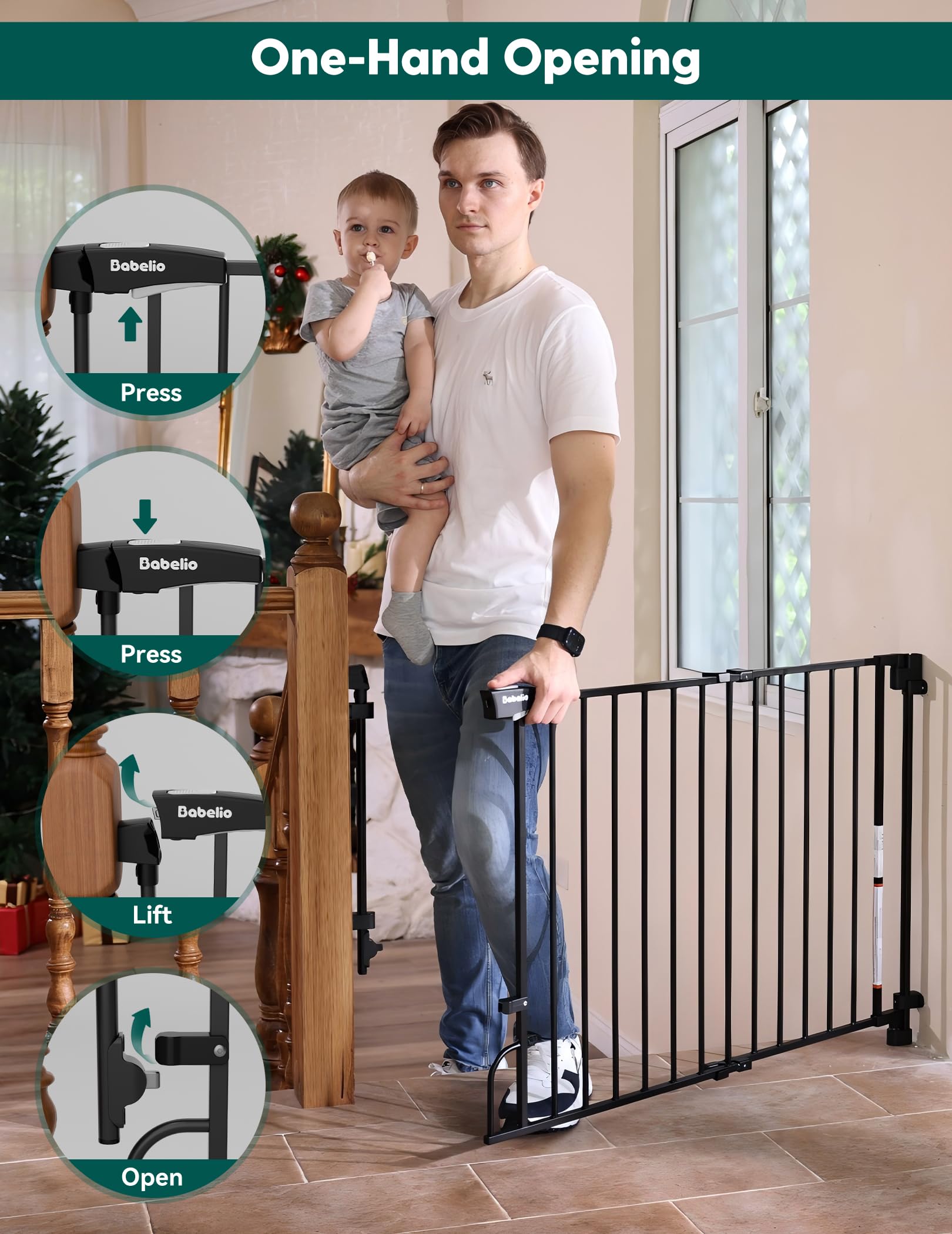 Babelio Smart Baby/Pet Gate & Removable No Bottom Bar Baby Gate (Black) - Image 4